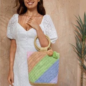 Handwoven Multicolor Straw Tote Bag - Pastel Diagonal Stripes